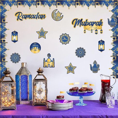 80Pcs Ramadan Mubarak Bulletin Board Set Muslim Islamic Blue Gold Star Moon Lantern Castle Cutouts Trim Borders Eid Al-Fitr Celebration Party Supplies Egyptian Holiday Classroom Home Decor in Kuwait