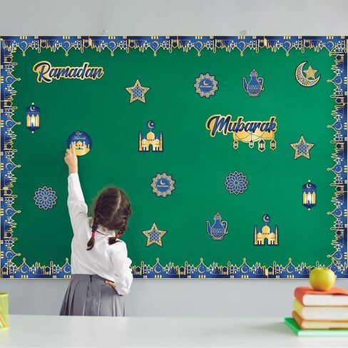 80Pcs Ramadan Mubarak Bulletin Board Set Muslim Islamic Blue Gold Star Moon Lantern Castle Cutouts Trim Borders Eid Al-Fitr Celebration Party Supplies Egyptian Holiday Classroom Home Decor in Kuwait