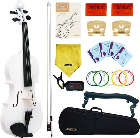 زي كمان فاخر باللون الأبيض مقاس 4/4 للمبتدئين والبالغين والأطفال مع شريط إصبع بخمسة ألوان - كمان للطلاب المبتدئين مصنوع يدويًا. in Kuwait