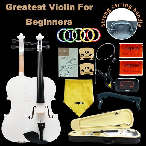 زي كمان فاخر باللون الأبيض مقاس 4/4 للمبتدئين والبالغين والأطفال مع شريط إصبع بخمسة ألوان - كمان للطلاب المبتدئين مصنوع يدويًا. in Kuwait