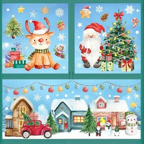 86 Pcs Large Christmas Window Clings, Double Sided Watercolor Window Clings Christmas Windows Decorations, Reusable Winter Window Stickers, Holiday Glass Decals Contains Xmas Tree Santa Elk