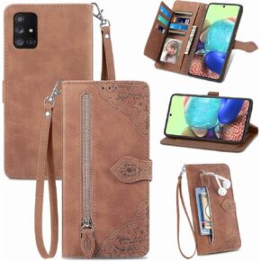 Compatible with Samsung Galaxy A71 5G Wallet Case with Wrist Strap Lanyard and Leather Flip Card Holder Stand Cell Accessories Folio Purse Credit ID Phone Cover for A 71 G5 71A S71 Women Brown