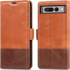 KEZiHOME for Google Pixel 7 Pro Case, Genuine Leather Wallet Case [RFID Blocking] with Card Slots Stand Flip Magnetic Closure Cover for Google Pixel 7 Pro 5G (2022) (Red/Brown)