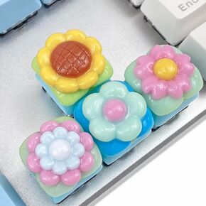 (4 Keys) Cute Floral Keycaps- Cherry Blossom Keycaps, Sunflower Resin Handmade Keycaps for Mechanical Keyboard with Cross Switches