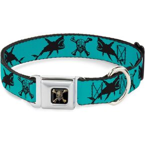 Buckle-Down Dog Collar Seatbelt Buckle Pirates Skull Crossbones Sharks Turquoise Black 15 to 26 Inches 1.0 Inch Wide, Multicolor (DC-WDY391-L)