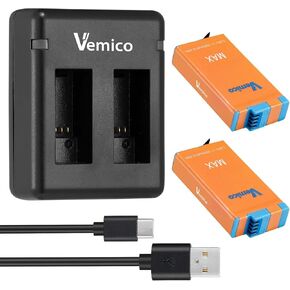 Max 360 Battery Charger Kit 2 X 1600mAh with Dual-Slots LED USB-C Charger for Max 360 Action Camera Replacement Battery