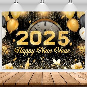 Mega-L Happy New Year 2025 Backdrop, XtraLarge New Year Banner 83x60 Inch Fabric Photo Backdrop, Black and Gold New Year Eve Party Background Decorations New Year Party Supplies 2025