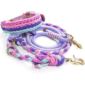 Hand Braided Paracord Dog Collar and Leash Set for Dogs, Pink & Lila - Large (17.32in -20.86in)