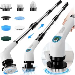 Electric Spin Scrubber, Cordless Cleaning Brush with 7 Replaceable Heads, 2H Powerful Dual Speed, Adjustable & Detachable Handle, IPX7 Waterproof for Bathroom, Tub, Tile, Floor, and Car