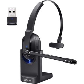Bluetooth Headset, Wireless Headsets with AI-Powered Environmental Noise Cancelling Microphone(ENC), Fast Charging Base, 45Hrs Bluetooth Headphones with Mute & USB Dongle for PC/Trucker/Work/Phone