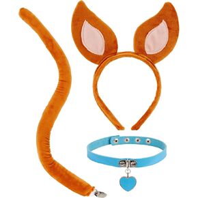 3PCS Halloween Dog Costume Brown Dog Ears Headband Dog Tail Blue Collar Choker Adult Birthday Party Cosplay