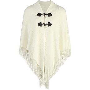 Women's Striped Poncho with Tassels Knitted Shawl Scarf Fringed Wrap Sweater Pullover V Neckline