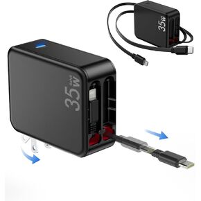 Retractable Wall Charger with Retractable Type-C and Lightening Cables,35W PD Fast Portable Charger USB-C Block Adapter with Foldable Plug for iPhone 16/15,Galaxy,Pixel,iPad and Multiple Devices