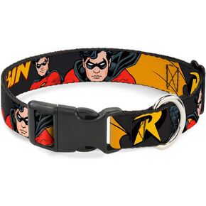 Dog Collar Plastic Clip Robin Red Black Poses Gray 11 to 17 Inches 1.0 Inch Wide
