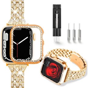 Siver Diamond Band with Case for Apple Watch 38mm 40mm 41mm 42mm 44mm 45mm and iWatch Series 8 SE2 7 SE 6 5 4 3 2 1, Bling Rhinestone Metal Bracelet Strap Bumper Cover, Womens Dressy Glitter Jewelry