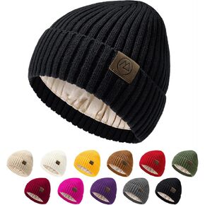 Unisex Satin Lined Beanie Warm Winter Hat Silk Lined Beanie for Women Men Knit Hat Slouchy Beanie