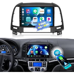 CAMECHO 4+64G 8-Core Car Stereo Radio for 2006-2012 Hyundai Santa Fe with Wireless CarPlay Android Auto 9" IPS Touch Screen Android 13 Radio with DSP Bluetooth 5.0 GPS Navigation WiFi FM MIC Head Unit