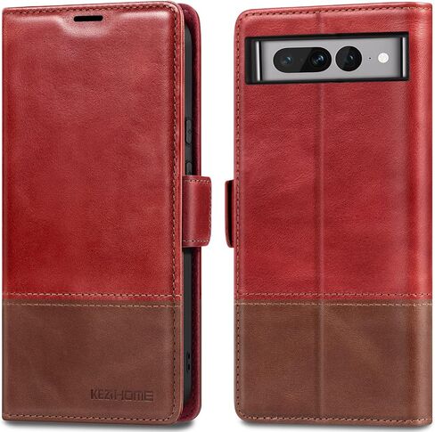 KEZiHOME for Google Pixel 7 Pro Case, Genuine Leather Wallet Case [RFID Blocking] with Card Slots Stand Flip Magnetic Closure Cover for Google Pixel 7 Pro 5G (2022) (Red/Brown) in Saudi Arabia