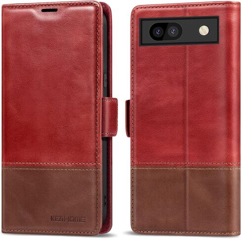 KEZiHOME for Google Pixel 7 Pro Case, Genuine Leather Wallet Case [RFID Blocking] with Card Slots Stand Flip Magnetic Closure Cover for Google Pixel 7 Pro 5G (2022) (Red/Brown) in Saudi Arabia