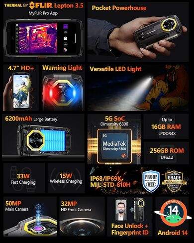 Ulefone Armor Mini 20T Pro 5G هاتف متين مزود بكاميرا حرارية، 4.7 بوصة HD+، أبعاد MTK 6300، ذاكرة وصول عشوائي 16 جيجابايت + ذاكرة وصول عشوائي 256 جيجابايت، شحن لاسلكي 6200 مللي أمبير/ساعة، أندرويد 14، كاميرا 50+32 ميجابكسل، ضوء LED، NFC/GPS/فتح القفل بالوج in Kuwait