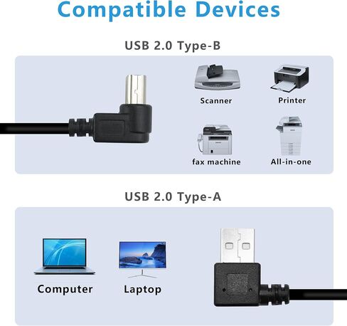 كابل طابعة USB قصير 90 درجة 25 سم زاوية يسرى USB 2.0 نوع A ذكر إلى الزاوية اليمنى B وصلة كابل الماسح الضوئي ذكر (2 حزمة) in Kuwait