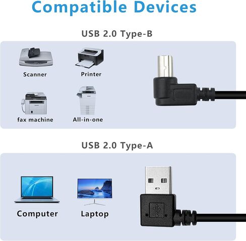 كابل طابعة USB قصير 90 درجة 25 سم زاوية يسرى USB 2.0 نوع A ذكر إلى الزاوية اليمنى B وصلة كابل الماسح الضوئي ذكر (2 حزمة) in Kuwait