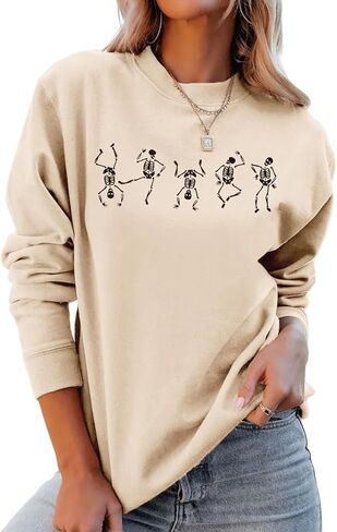 SOFEON Women Halloween Dancing Skeleton Sweatshirt Horror Skull Graphic Crewneck Sweatshirt Spooky Season Pullover Tops in Saudi Arabia