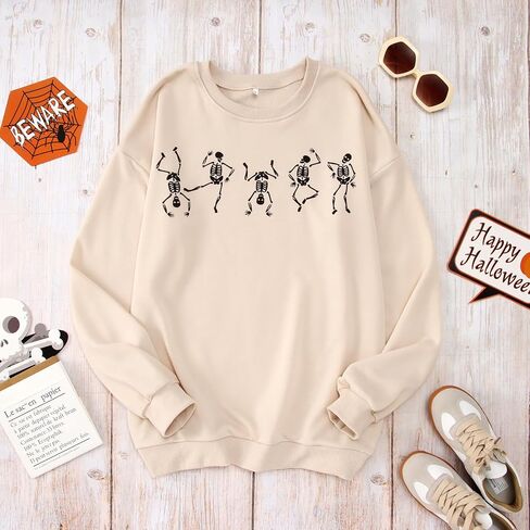 SOFEON Women Halloween Dancing Skeleton Sweatshirt Horror Skull Graphic Crewneck Sweatshirt Spooky Season Pullover Tops in Saudi Arabia