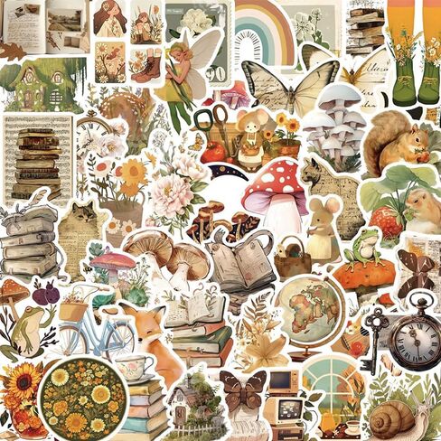 50-Piece Vintage Cottagecore Vinyl Sticker – Aesthetic Waterproof Old Antique Nature Forest Floral Woodland Creatures Books Stickers for Scrapbook, Laptop, Water Bottle, DIY Craft Decor in Saudi Arabia