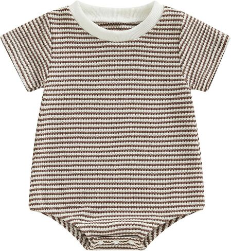KMBANGI Newborn Baby Boy Girl Waffle Romper Short Sleeve Solid Striped Crew Neck Bubble Oversize Bodysuit Infant Summer in Kuwait