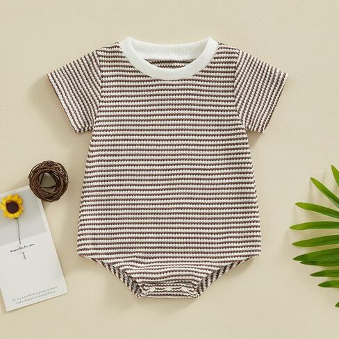 KMBANGI Newborn Baby Boy Girl Waffle Romper Short Sleeve Solid Striped Crew Neck Bubble Oversize Bodysuit Infant Summer in Kuwait