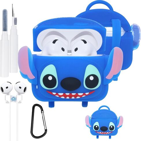 متوافق مع Airpods 4 Case Stitc Bag مع سلسلة مفاتيح ومجموعة تنظيف، سلك مغناطيسي مضاد للفقد لطيف ثلاثي الأبعاد من السيليكون الناعم المضحك لملحقات غطاء Airpods الجيل الرابع للنساء والرجال - أزرق in Kuwait