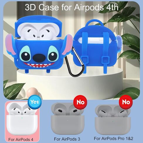 متوافق مع Airpods 4 Case Stitc Bag مع سلسلة مفاتيح ومجموعة تنظيف، سلك مغناطيسي مضاد للفقد لطيف ثلاثي الأبعاد من السيليكون الناعم المضحك لملحقات غطاء Airpods الجيل الرابع للنساء والرجال - أزرق in Kuwait