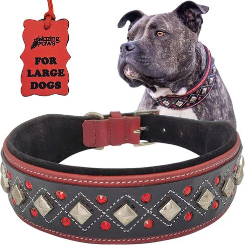 Blazing Paws Darlington Wide 2 inch Luxury Soft Suede Padded Leather Dog Collar for XL Large Dogs, in Red Black, Handmade Stud Crystal Fancy Western Design (XL: Neck Size 20-23", Red/Black) in Kuwait