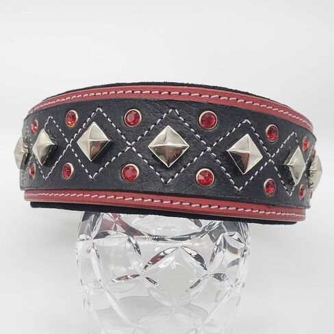 Blazing Paws Darlington Wide 2 inch Luxury Soft Suede Padded Leather Dog Collar for XL Large Dogs, in Red Black, Handmade Stud Crystal Fancy Western Design (XL: Neck Size 20-23", Red/Black) in Kuwait