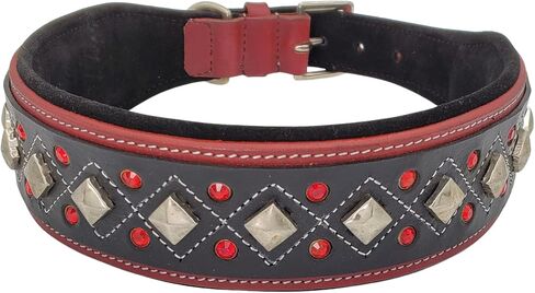 Blazing Paws Darlington Wide 2 inch Luxury Soft Suede Padded Leather Dog Collar for XL Large Dogs, in Red Black, Handmade Stud Crystal Fancy Western Design (XL: Neck Size 20-23", Red/Black) in Kuwait