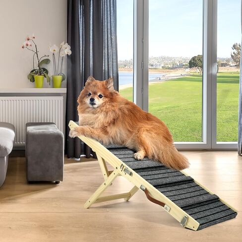 QWORK Foldable Dog Ramp for Couch | Wooden Pet Ramp with 5 Adjustable Heights & Slip-Resistant Carpet | for Injured, Elder, or Small Pets, Folding Portable Dog Car Ramps, for Car Couch Bed Stairs in Saudi Arabia