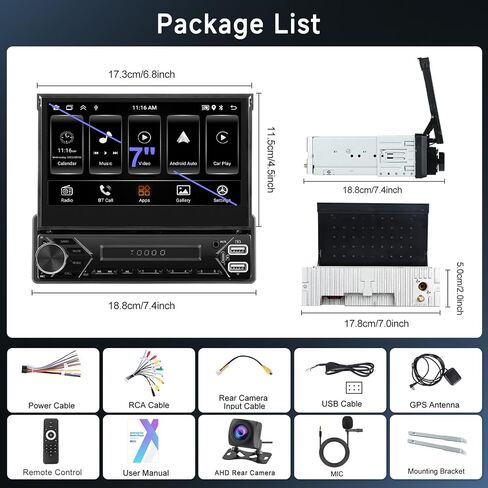 2G+64G Android Single Din Car Stereo Carplay 7 Inch Touchscreen, Rimoody Car Radio 1 din Bluetooth Android Auto GPS Navigation WiFi FM/RDS Mirror Link SWC Dual-USB Type-C SWC Backup Camera in Saudi Arabia