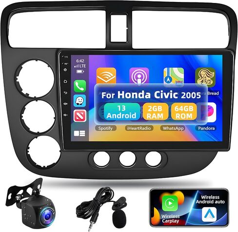 ستيريو سيارة 2+64 جيجا لسيارة Honda Civic 2001 2002 2003 2004 2005 مع Apple CarPlay Android Auto، مستقبل صوت بلوتوث بشاشة لمس HD IPS مقاس 9 بوصات مع نظام تحديد المواقع العالمي/رابط المرآة/WiFi/كاميرا احتياطية 1080P/HiFi/SWC in Saudi Arabia