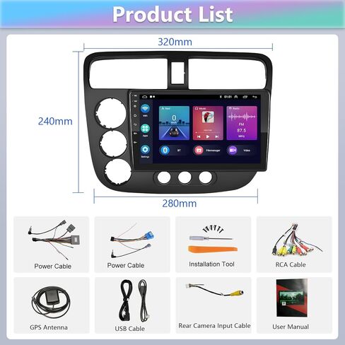ستيريو سيارة 2+64 جيجا لسيارة Honda Civic 2001 2002 2003 2004 2005 مع Apple CarPlay Android Auto، مستقبل صوت بلوتوث بشاشة لمس HD IPS مقاس 9 بوصات مع نظام تحديد المواقع العالمي/رابط المرآة/WiFi/كاميرا احتياطية 1080P/HiFi/SWC in Saudi Arabia