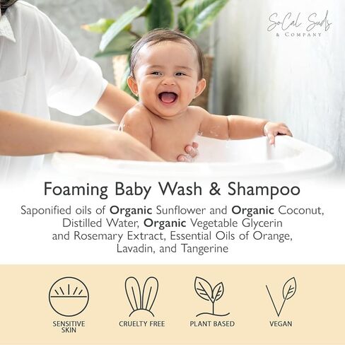 SoCal Suds & Company - 2-in-1 Organic Foaming Baby Shampoo & Body Wash - Natural Botanical Castile Soap Baby Wash Sensitive Skin, Need for Newborn Nourishing Soothing Ingredients - Soft Citrus, 32oz in Saudi Arabia