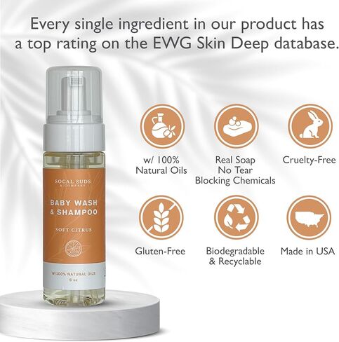 SoCal Suds & Company - شامبو وغسول للجسم رغوي عضوي 2 في 1 - صابون قشتالي نباتي طبيعي يغسل البشرة الحساسة، يحتاج إلى مكونات مغذية ومهدئة لحديثي الولادة - حمضيات ناعمة، 32oz in Kuwait