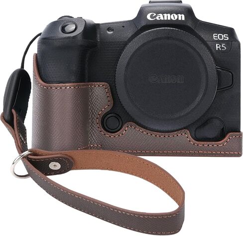 for Canon EOS R5 Camera Case,Handmade Genuine Real Leather Half Camera Case Bag Cover for Canon EOS R5 Camera Bottom Opening Version + Hand Strap (Coffee) in Saudi Arabia