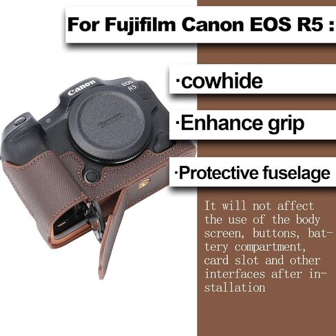 for Canon EOS R5 Camera Case,Handmade Genuine Real Leather Half Camera Case Bag Cover for Canon EOS R5 Camera Bottom Opening Version + Hand Strap (Coffee) in Saudi Arabia