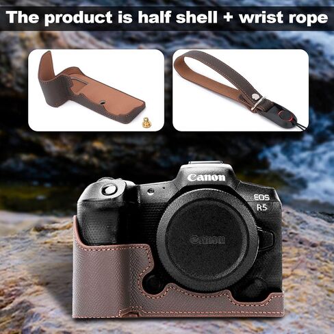 for Canon EOS R5 Camera Case,Handmade Genuine Real Leather Half Camera Case Bag Cover for Canon EOS R5 Camera Bottom Opening Version + Hand Strap (Coffee) in Saudi Arabia