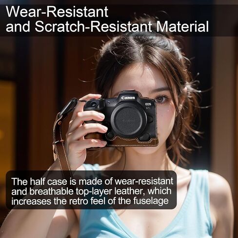 for Canon EOS R5 Camera Case,Handmade Genuine Real Leather Half Camera Case Bag Cover for Canon EOS R5 Camera Bottom Opening Version + Hand Strap (Coffee) in Saudi Arabia