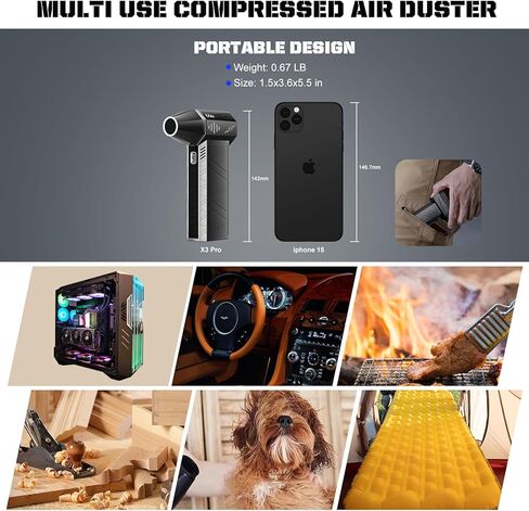 Uzi Electric Air Duster 130000 دورة في الدقيقة نفاثة مضغوطة، 4Gear منفاخ جاف محمول قابل للتعديل، علبة للوحة مفاتيح الكمبيوتر، في الهواء الطلق، السيارة، المنزل (الألومنيوم، رمادي حديدي) in Kuwait