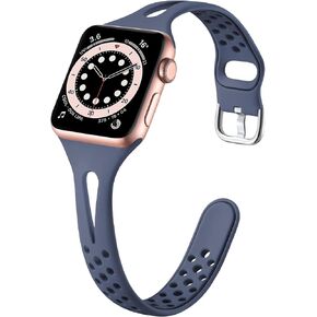 سوار رياضي نحيف متوافق مع سلسلة ساعات Apple 9 8 7 6 5 4 3 2 1/SE، 38/40/41 مم، للنساء والرجال، سوار معصم من السيليكون الناعم المسامي، أسود
