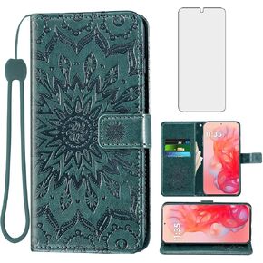 Asuwish Phone Case for Motorola Moto G Stylus 5G 2024 Wallet Cases with Tempered Glass Screen Protector and Sunflower Leather Slim Flip Cover Card Holder Stand Cell Accessories G5 Women Rose Gold