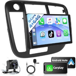 Podofo [4+64G] 8 Core Car Stereo Radio for Honda Civic 1996-2001 with Wireless CarPlay Android Auto 9" Touch Screen Bluetooth Audio with GPS Navigation Mirror Link WiFi EQ RDS Hi-Fi Backup Camera MIC